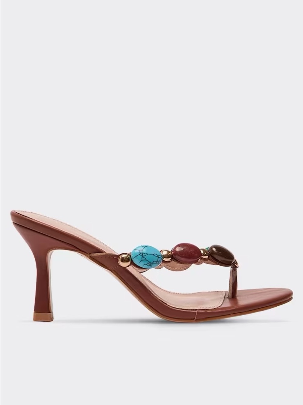EGO Brown Leather Mid-Heel Thong Sandal with Multicolor Bead Detail